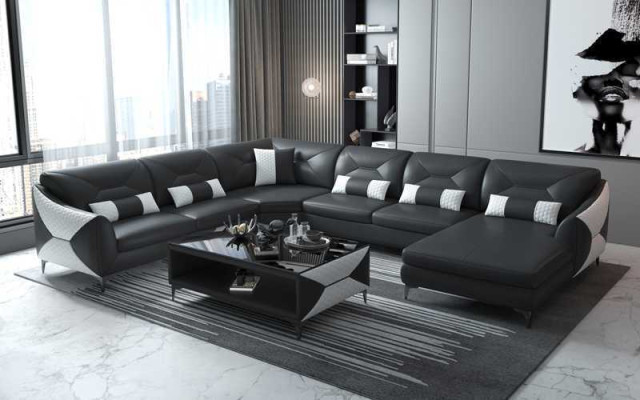 Groß Wohnlandschaft Sofa U Form Ecksofa Ledersofa Schwarz Kunstleder