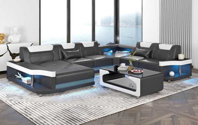 Großes Sofa Wohnlandschaft LED XXL U Form Ecksofa Ledersofa Schwarz