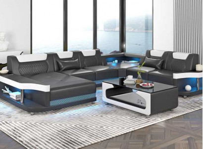 Großes Sofa Wohnlandschaft LED XXL U Form Ecksofa Ledersofa Schwarz