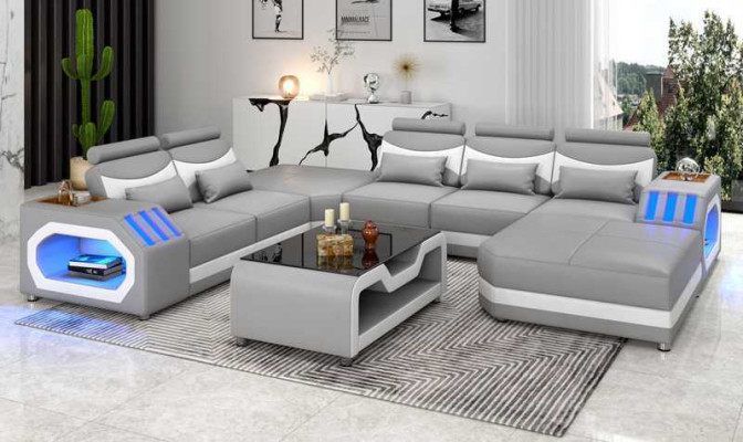 Wohnlandschaft Großes Sofa XXL U Form Ecksofa Ledersofa Weiß Sofas