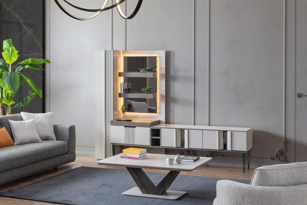 Exklusive Wohnwand Weiße Farbe Designer Möbel für Wohnzimmer LED beleuchtet