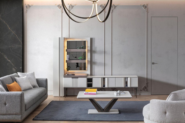 Exklusive Wohnwand Weiße Farbe Designer Möbel für Wohnzimmer LED beleuchtet