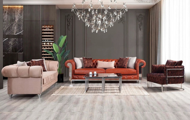 Chesterfield Sofagarnitur Dreisitzer Braun Couchgarnitur Polstersofa