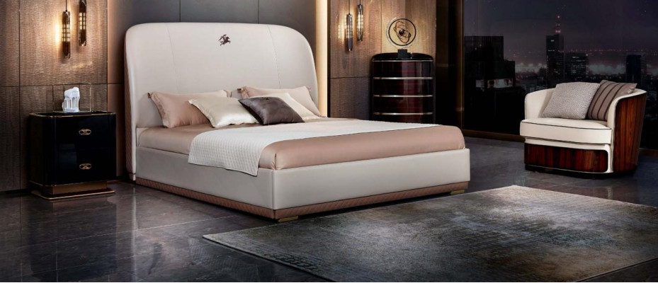 Bett Beige Leder Holz Schlafzimmer Lederbett Modern Design Möbel Luxus