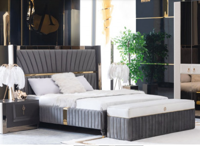 Luxus Bett 180x200cm mit Holz Kopfteil und 2 Nachttischen Italienische Möbel Neu