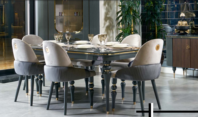 Esszimmer Garnitur Lehn Samt Textil Stuhl 6x Stühle Gruppe Set Wohn Holz Echtes