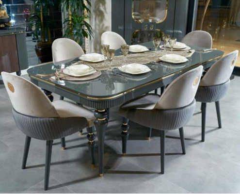 Esszimmer Garnitur Lehn Samt Textil Stuhl 6x Stühle Gruppe Set Wohn Holz Echtes