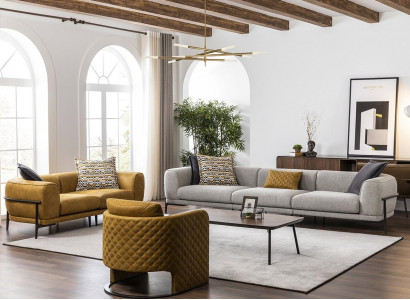 Sofagarnitur Sofas Kunstleder Sofa 321 Sitzer Modern Gelb Sessel Set