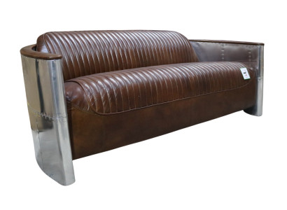 Echtleder Sofa Leder Designsofa 3-Sitzer Vintage Couch Aluminium Flugzeug Metall