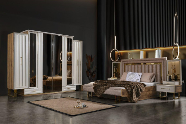 Komplette Schlafzimmermöbel Doppelbett Bett Nachttische Beige 4tlg