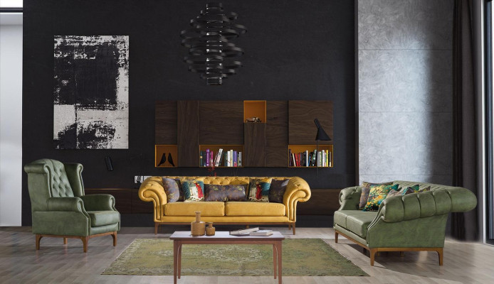 Grün-Gelbe Polstergarnitur Designer Dreisitzer Luxus Sessel 3+3+1 Set