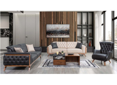 Stilvolle Schwarz-Beige Wohnzimmer Sofagarnitur 3+3+1 Sitzer 3tlg Set