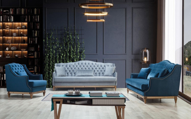 Moderne Blaue Chesterfield Sofagarnitur Designer Dreisitzer Luxus Sessel