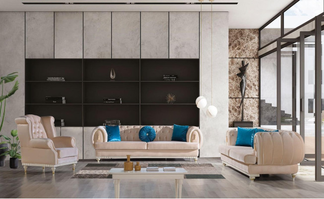 Beige Chesterfield Polster Couch Designer Dreisitzer Textilsofas 3-er