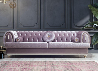 Lila Chesterfield Dreisitzer Designer 3-Sitzer Polstercouchen Holzgestell