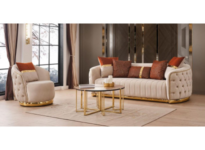 Set 2 tlg Wohnzimmer Sofagarnitur Dreisitzer Sofa Couch Modern Sessel Textil