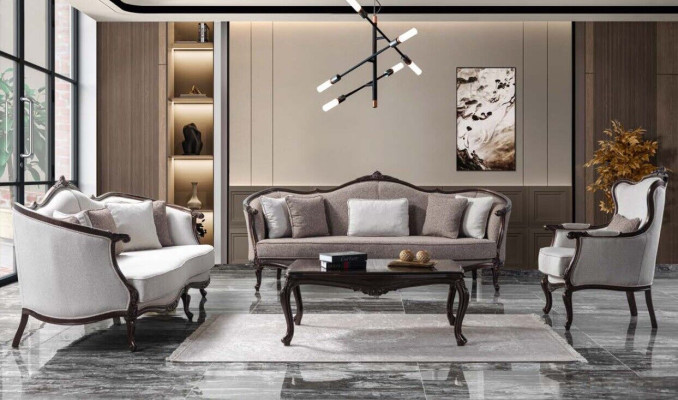 Sofagarnitur Dreisitzer Sessel Stoff Sofa Garnitur Grau Polstersofa couch