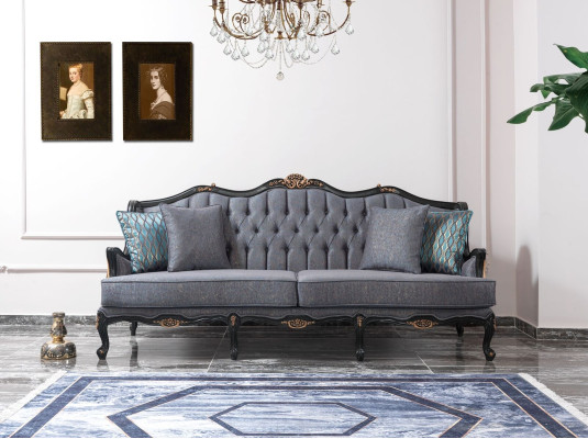 Chesterfield Sofagarnitur Dreisitzer Sessel Stoff Couchtisch Blau Neu