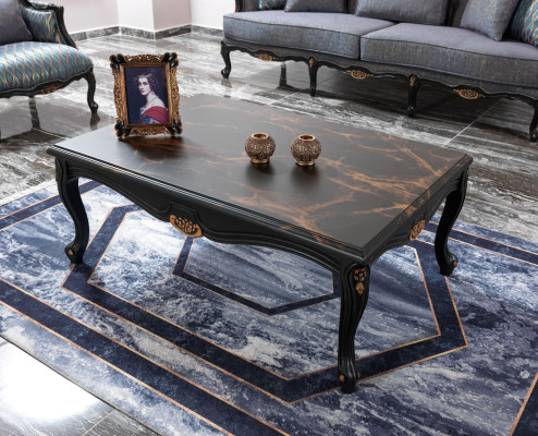 Chesterfield Sofagarnitur Dreisitzer Sessel Stoff Couchtisch Blau Neu