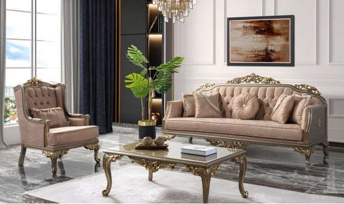 Chesterfield Sofagarnitur Dreisitzer Sessel Stoff Couchtisch Beige Neu