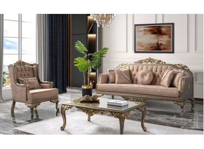 Chesterfield Sofagarnitur Dreisitzer Sessel Stoff Couchtisch Beige Neu