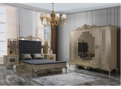 Doppelbett Chesterfield Luxus Schlafzimmer Garnitur Bett 5tlg Gold betten