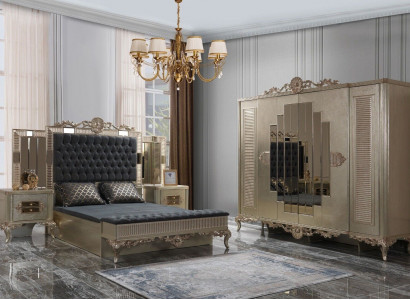 Doppelbett Chesterfield Luxus Schlafzimmer Garnitur Bett 5tlg Gold betten