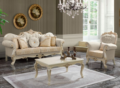 Couch Polstersofa Sofa Sofagarnitur Stoffsofa Beige Chesterfield Set Sofas