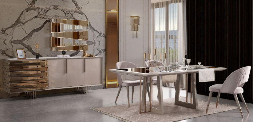 Luxus Essecke Essgruppe Esszimmer Esstisch Stühle Beige Holz Set 8tlg