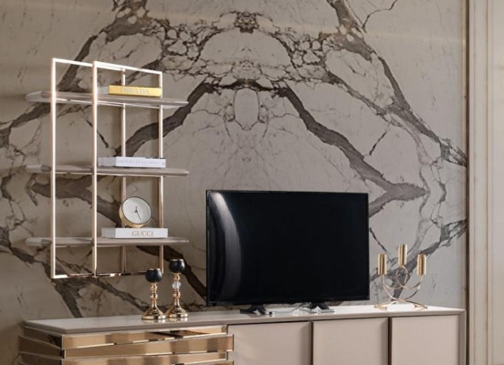 RTV Lowboard TV Ständer Sideboard Beige Gold Wohnzimmer Set Regale Neu