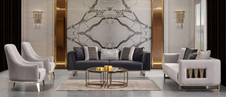 Sofagarnitur Couchgarnitur Dreisitzer Sessel Grau Stoffsofa Set 3tlg