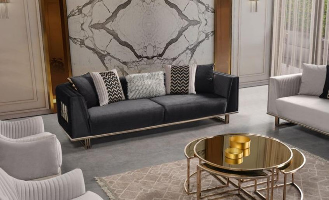 Sofagarnitur Couchgarnitur Dreisitzer Sessel Grau Stoffsofa Set 3tlg