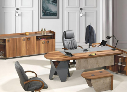 Komplette Büro Schreibtisch Bürotisch Set 4tlg Holz Braun Kommode Groß
