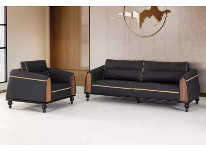 Schwarze Sofas Set Moderne Garnitur Dreisitzer Sessel Stoffmöbel 2tlg