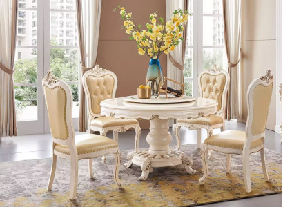 Klassischer Hellbeiger Esszimmer Set Luxus Runder Esstisch und x4 Chesterfield Stühle 5tlg. Garnitur