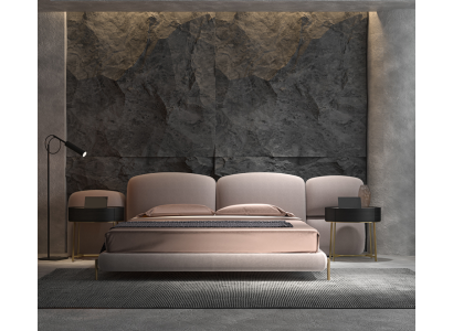 Großes Beiges Schlafzimmer Doppelbett Designer Breites Textil Kopfteil