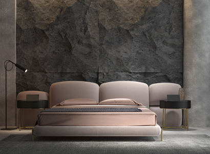 Großes Beiges Schlafzimmer Doppelbett Designer Breites Textil Kopfteil