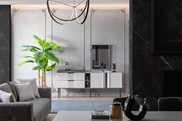 Luxus Esszimmer Set Esstisch 4x Stühle + Anrichte mit Spiegel Neu Set