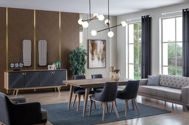 Luxus Esszimmer Set Esstisch + 4x Stühle + Anrichte mit 2x Spiegel Neu