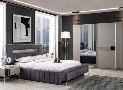 Schlafzimmer Garnitur Doppelbett Bett Nachttische 4tlg Grau Schrank