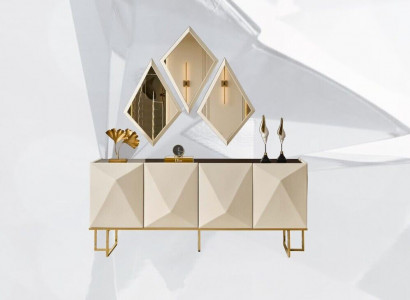 Garnitur Sideboard mit Spiegel Schrank Anrichte Beige Kommode Holz Set