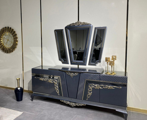 Esszimmer Set 9 tlg. Esstisch + 6x Stühle Anrichte mit Spiegel Grau neu