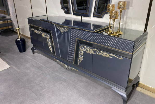 Esszimmer Set 9 tlg. Esstisch + 6x Stühle Anrichte mit Spiegel Grau neu