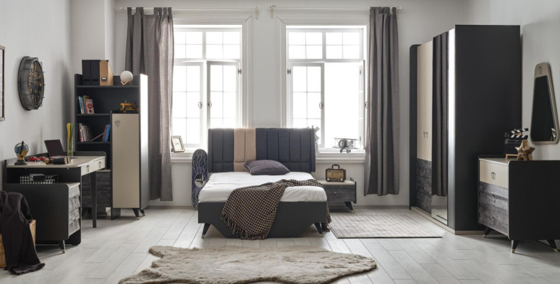 Luxuriöses graues Schlafzimmer Set Jugendzimmer Kinderzimmer 7tlg Bett