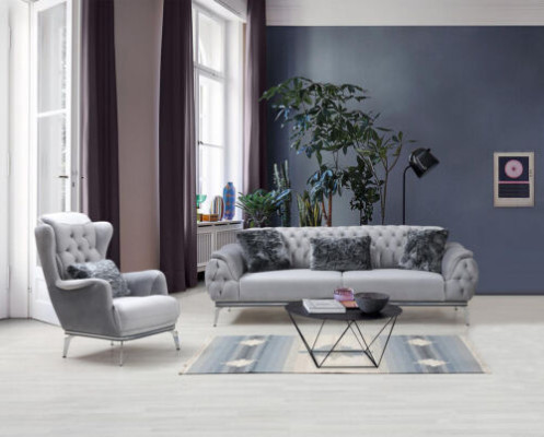 Wohnzimmer-Set 2tlg. Sofa mit Sessel Chesterfield Design Modern Textil