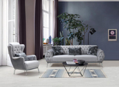 Wohnzimmer-Set 2tlg. Sofa mit Sessel Chesterfield Design Modern Textil