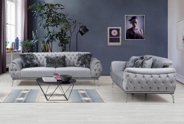 Grau Wohnzimmer Stoffsofa Modern Design Chesterfield Textil Material