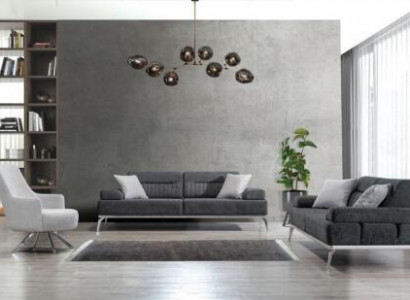 Wohnzimmer-Set 3tlg 2x 3-Sitzer Grau mit Weiß Sessel Modern Design Textil