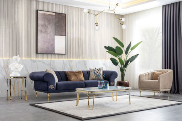 Moderne Blau-Beige Sofagarnitur Designer 3+1 -Sitzer Luxus Wohnzimmer Sessel