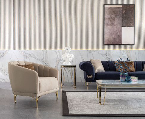 Moderne Blau-Beige Sofagarnitur Designer 3+1 -Sitzer Luxus Wohnzimmer Sessel